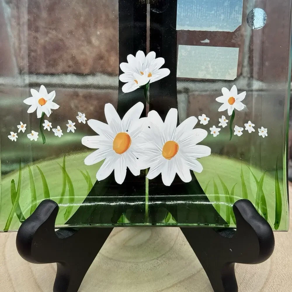 Yankee Candle Daisy Crackle‎ Glass Square Tray /Plate Holder Blue Green 5.5